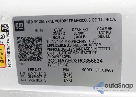 2024 Chevrolet Silverado 1500 2Wd Long Bed Wt from USA, damaged, VIN 3GCNAAED3RG356634